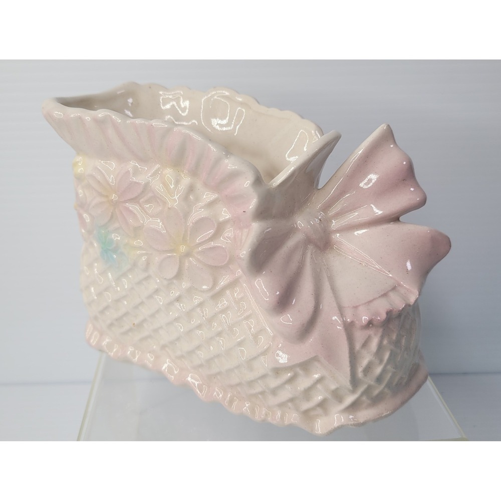 Ceramex Del Norte Baby Shoe Planter Pink Floral Basketweave Bow Vintage